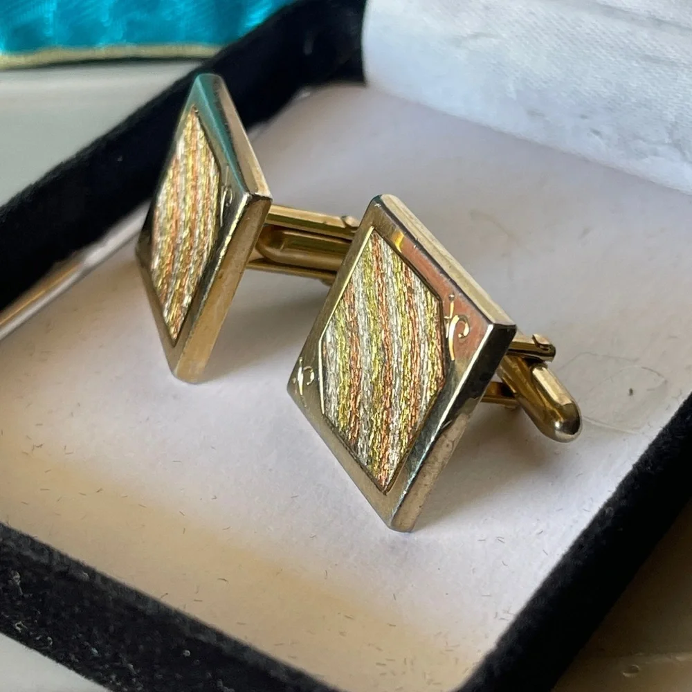 Vintage Gold Copper & Green Striped Square Cuff Links.